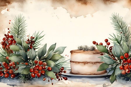 Christmas cake with holly berries and mistletoe. Watercolor illustrationの素材