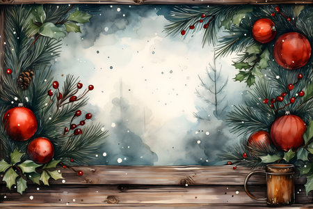 Christmas greeting card. Watercolor hand drawn illustration on old wooden backgroundの素材