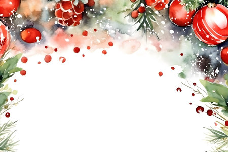 Watercolor Christmas background with fir branches, pine cones and berries. Hand drawn illustrationの素材