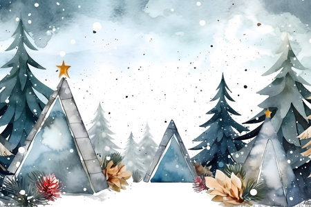 Watercolor winter forest with tent and fir trees. Hand drawn illustrationの素材
