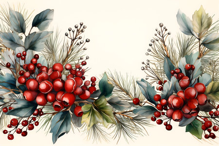 Christmas greeting card with holly berries and fir branches. Watercolor illustration.の素材