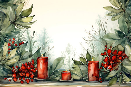 Christmas greeting card with burning candles, fir branches and holly berriesの素材