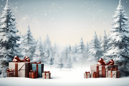 Christmas gift boxes in snowy forest with fir trees. 3D Renderingの素材