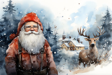 Digital painting of Santa Claus with reindeer in the village.の素材