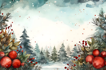 Winter landscape. Watercolor Christmas and New Year background. Hand painted illustrationの素材