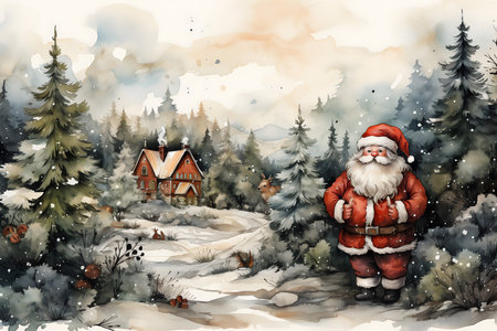 Christmas card with Santa Claus in the village. Watercolor painting.の素材