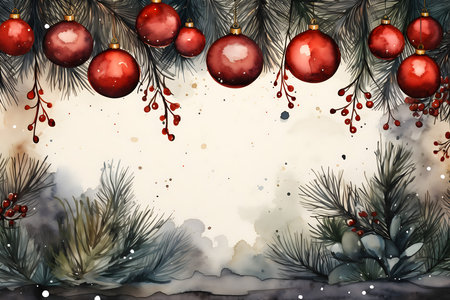Christmas background with red balls and fir branches. Watercolor illustration.の素材