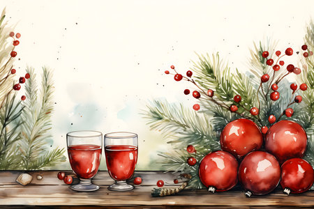 Watercolor illustration of two glasses of red wine with christmas decorationの素材