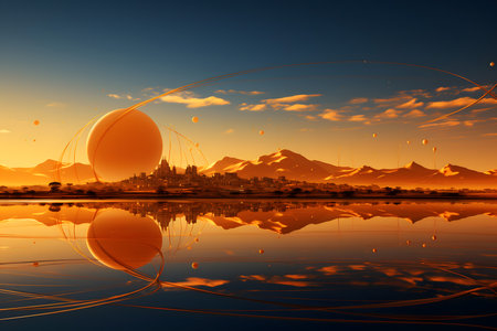 beautiful sunset over the city with reflection in the water, illustrationの素材