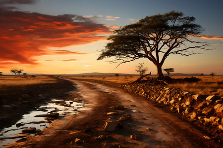 African sunset in Serengeti National Park, Tanzania, Africaの素材