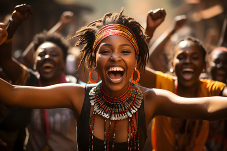 Portrait of happy african american woman dancing at music festivalの素材