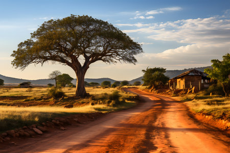 African savannah landscape with a big tree in the foreground and a dirt roadの素材