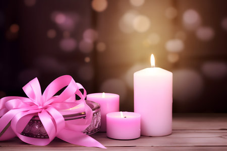 Burning candles and gift box on wooden table with bokeh backgroundの素材