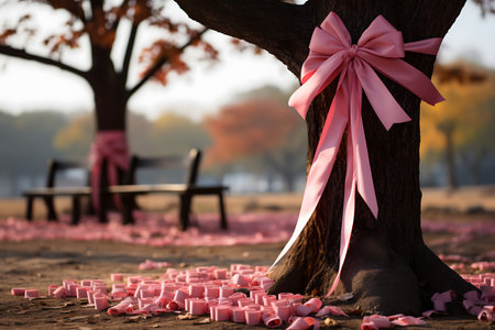 pink ribbon on tree in the park, valentine conceptの素材