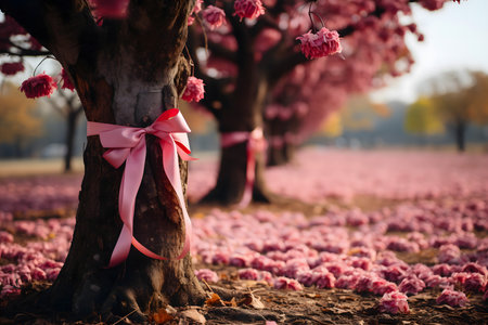 cherry blossom tree with pink ribbon and red bow on natural backgroundの素材