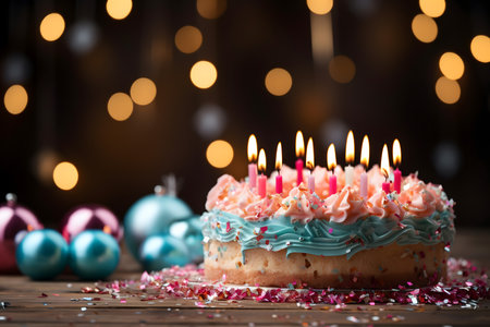 Birthday cake with burning candles on wooden table against blurred festive lightsの素材