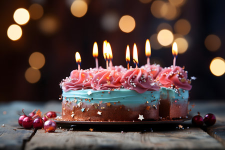 Birthday cake with burning candles on wooden table over bokeh backgroundの素材