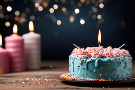 Birthday cake with burning candles on wooden table and bokeh backgroundの素材