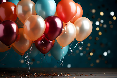 Colorful balloons with confetti on blue background. 3d renderingの素材