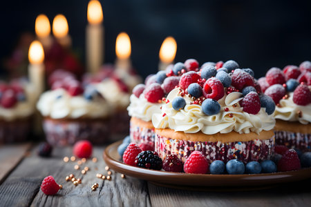 Homemade raspberry and blueberry cupcakes with candles on dark backgroundの素材