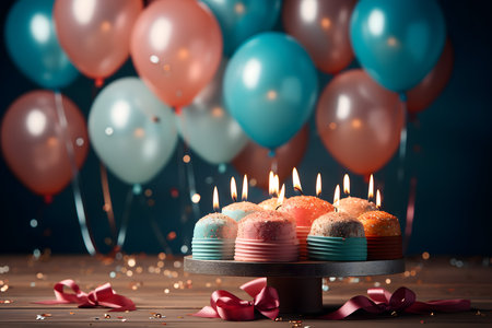 Birthday cake with candles and balloons on wooden table, closeupの素材