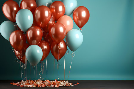 Red and blue balloons with confetti on a blue background. 3d renderingの素材