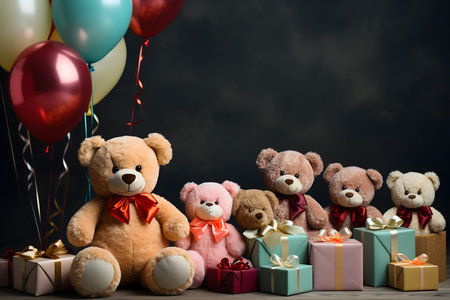 Teddy bears with gift boxes and balloons on dark background. Valentine's day conceptの素材