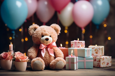 Teddy bear and gift boxes on wooden table in room decorated with balloonsの素材