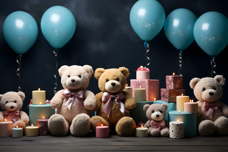Cute teddy bears with candles and balloons on dark background.の素材