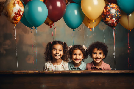 Portrait of happy kids at birthday party with colorful balloons and confettiの素材