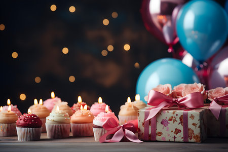 Birthday cupcakes with gift box and balloons on bokeh backgroundの素材