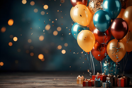 Colorful balloons and gifts on wooden table against bokeh backgroundの素材
