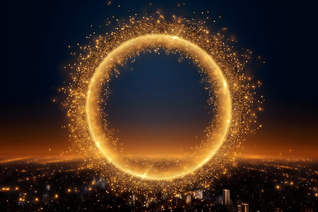 Golden circle with sparkles on dark background. 3D rendering.の素材