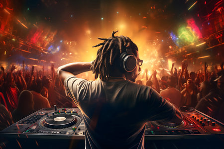 DJ in headphones playing music at a live concert. Music festival concept.の素材