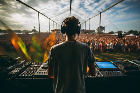 DJ playing music at a live music festival, rear view of a young manの素材