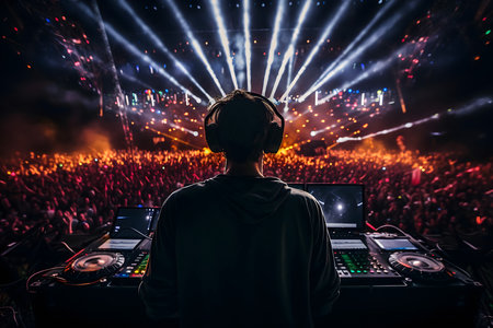DJ playing music at a live concert. Rear view of a disc jockey in headphones.の素材