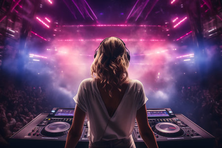 back view of young female dj in headphones playing music at nightclub with lightsの素材