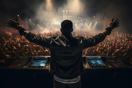 Rear view of a disc jockey standing in front of a stage during a live concertの素材