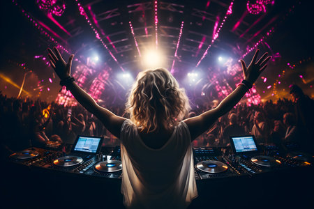 Young female DJ with hands up in front of a live stage.の素材