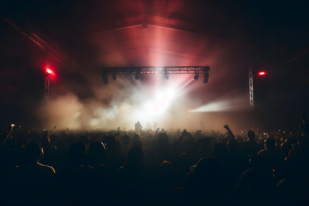 Stage lights and crowd of people in front of a live music concertの素材