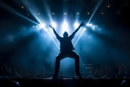 Silhouette of a man dancing on stage with lights and smokeの素材