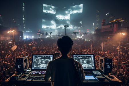 Crowd of people at a music festival, silhouettes of peopleの素材