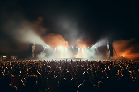 Concert crowd at a music festival with bright stage lights and smokeの素材
