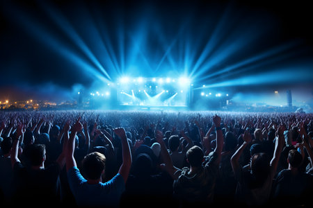 Concert crowd at a music festival with bright stage lights and smokeの素材