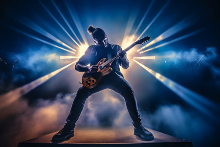 Rock guitarist playing electric guitar on stage with smoke and lights on backgroundの素材