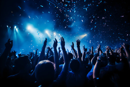 Crowd cheering at a live music concert with hands raised in the airの素材