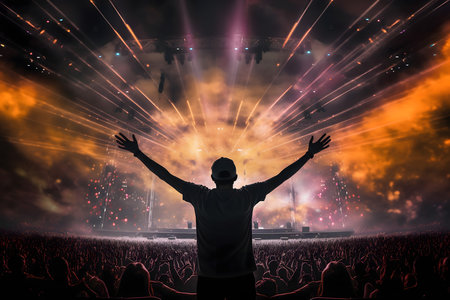 Silhouette of a man with hands up at a music festivalの素材