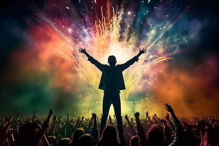 Silhouette of a man with raised hands in front of a crowd at a music festivalの素材