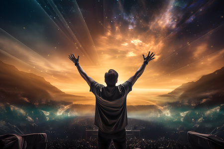 Young man with arms outstretched against dramatic sky with clouds and starsの素材