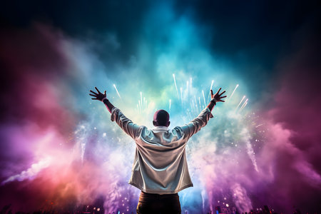 Rear view of man in hoodie dancing on stage with fireworksの素材
